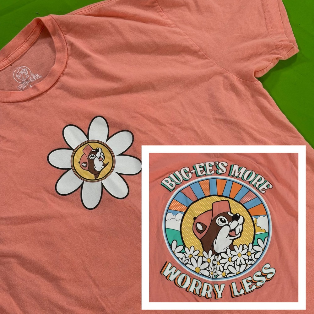 Buc-ees Beaver Logo T-Shirt Large Peach Worry Less Double-Sided Tee Texas Gas